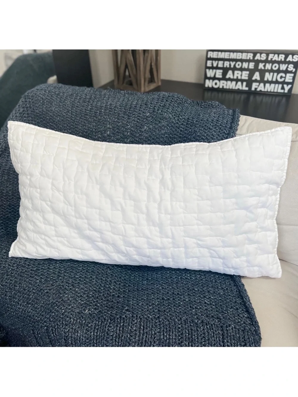 1 Pottery Barn Bliss Handcrafted KING Quilted Pillow Sham White Cotton Linen EUC